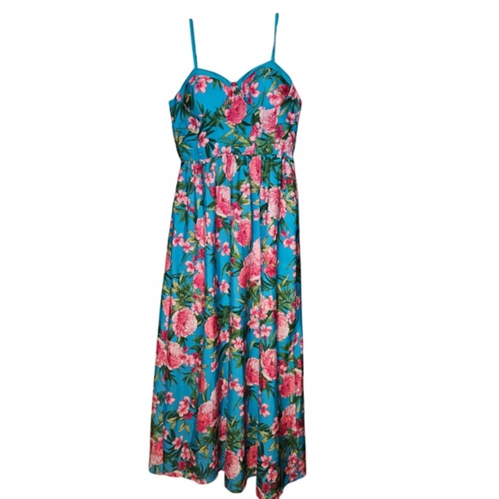 Land of the‎ Free Women Blue Pink Floral Smocked Back Maxi Dress Large